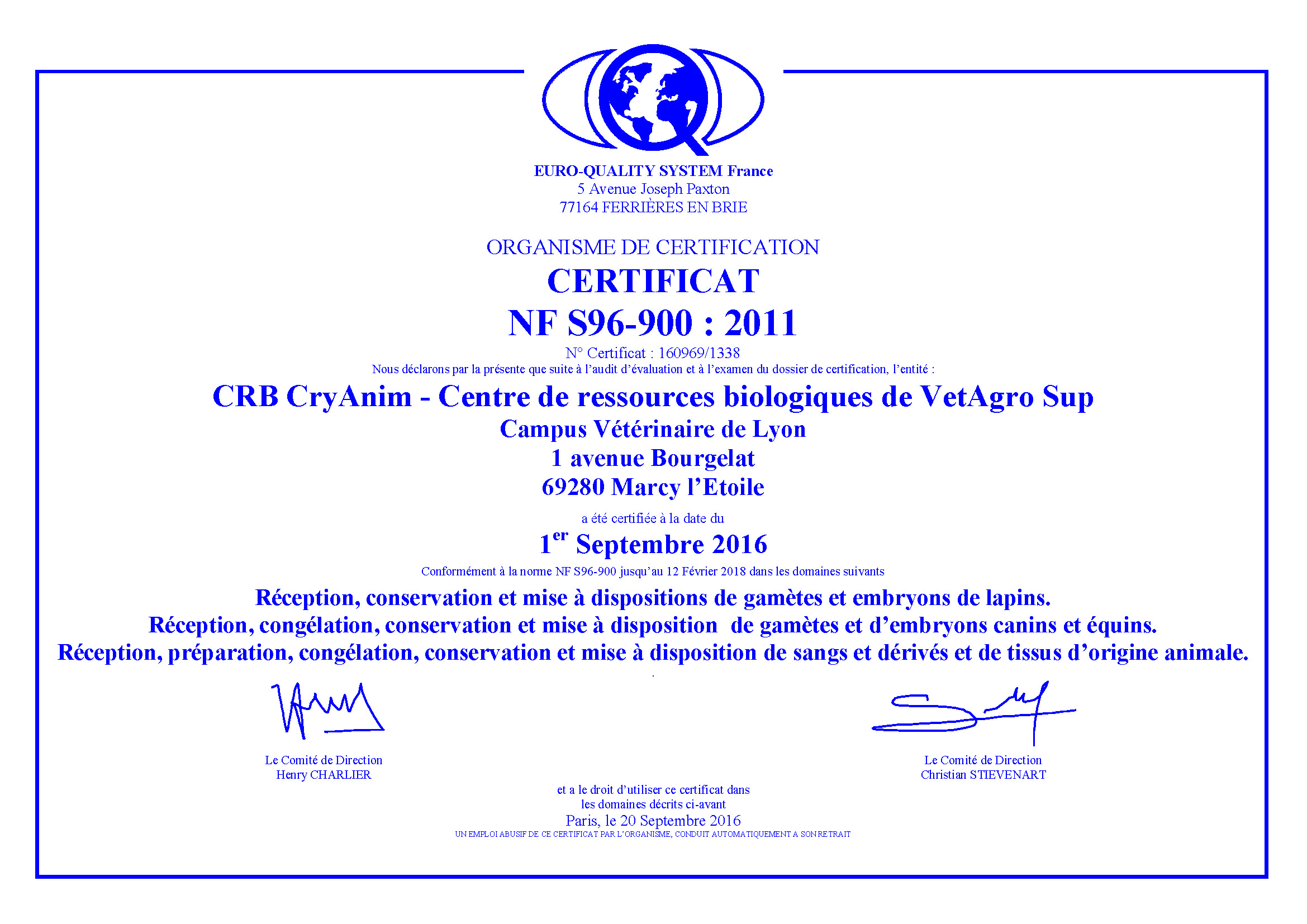 Certification qualité (NF S96-900)